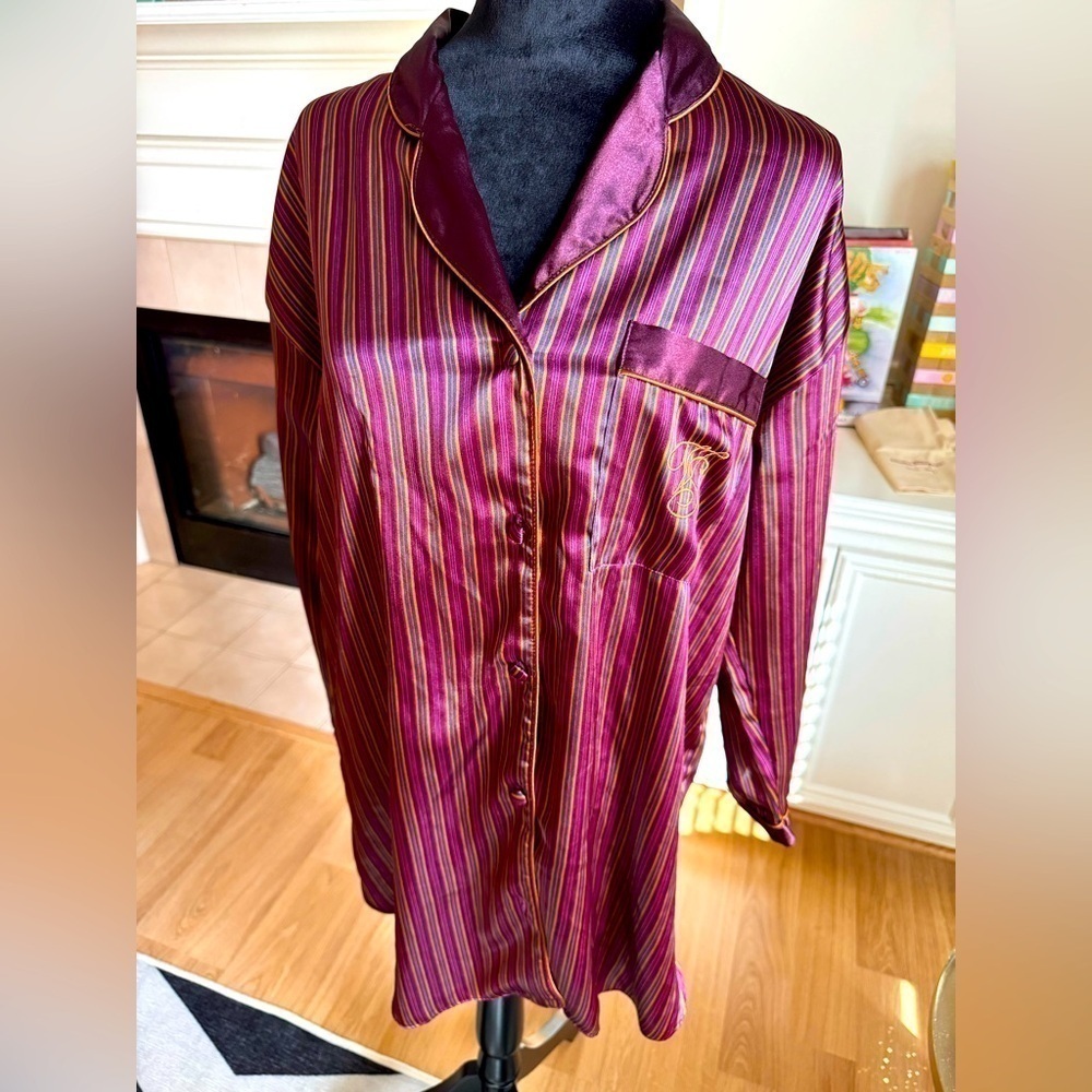 VICTORIA'S SECRET Gold Label Satin Striped Embroidered VS Nightgown Size S GUC